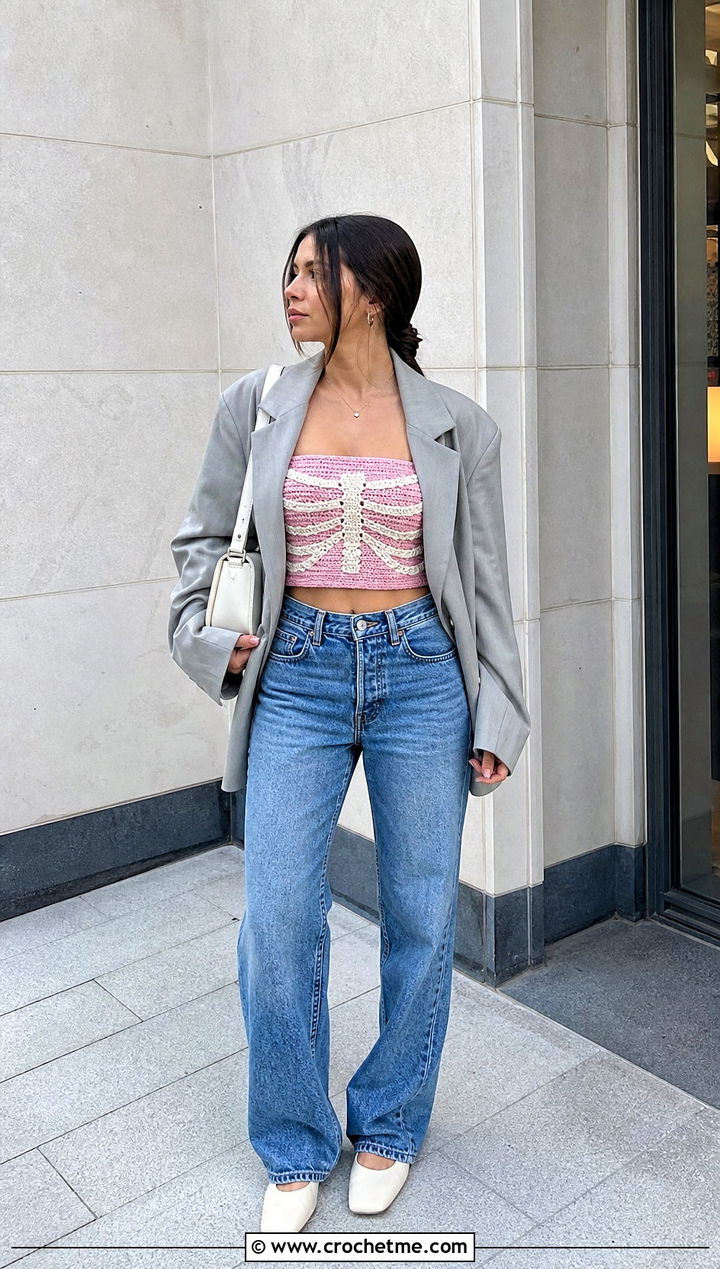 Crochet Skeleton Bandeau Top With A Blazer And Jeans - 35 crochet skeleton top outfit ideas