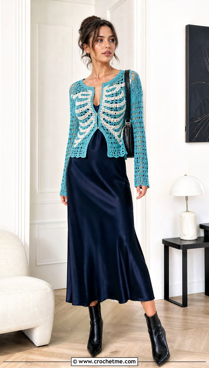 Crochet Skeleton Cardigan Top With A Slip Dress - 35 crochet skeleton top outfit ideas