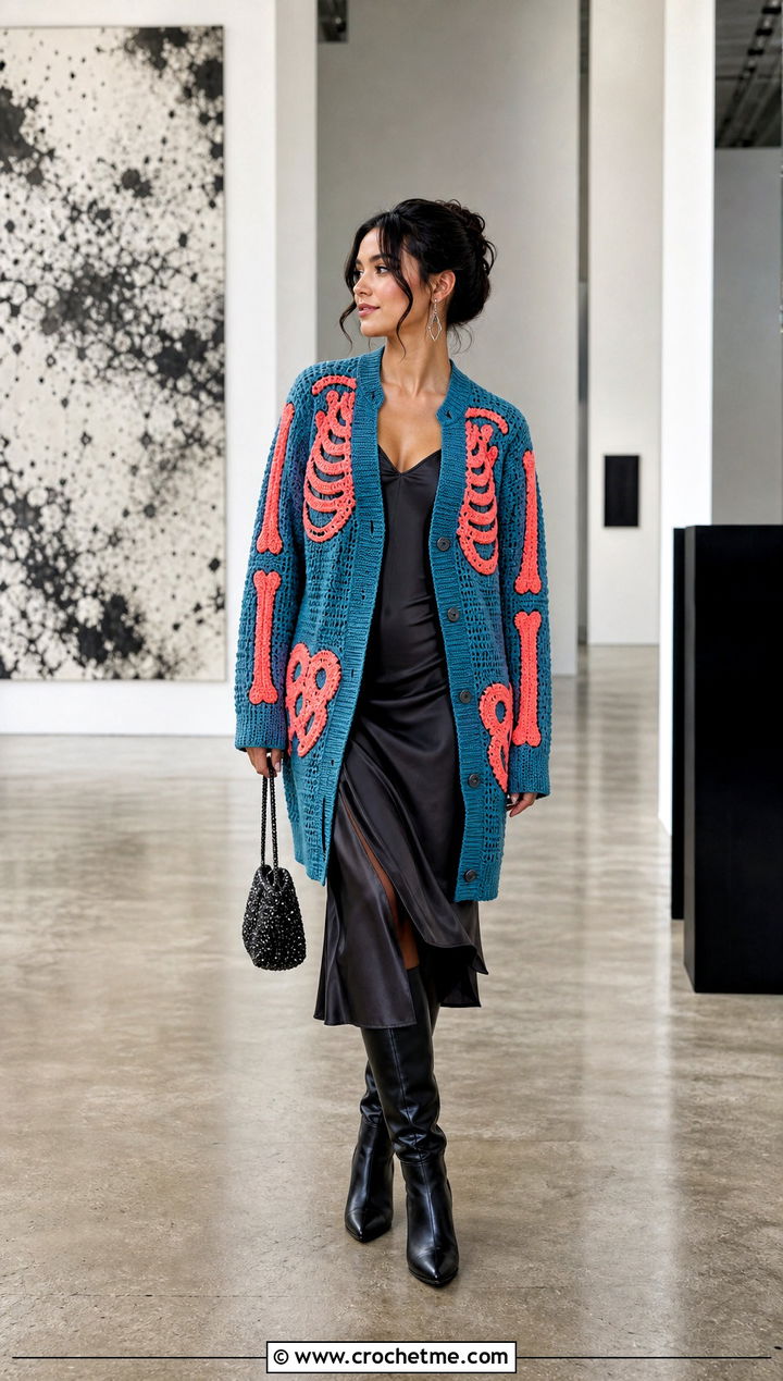 Crochet Skeleton Cardigan With Slip Dress - 30 Crochet Skeleton Sweater outfit ideas