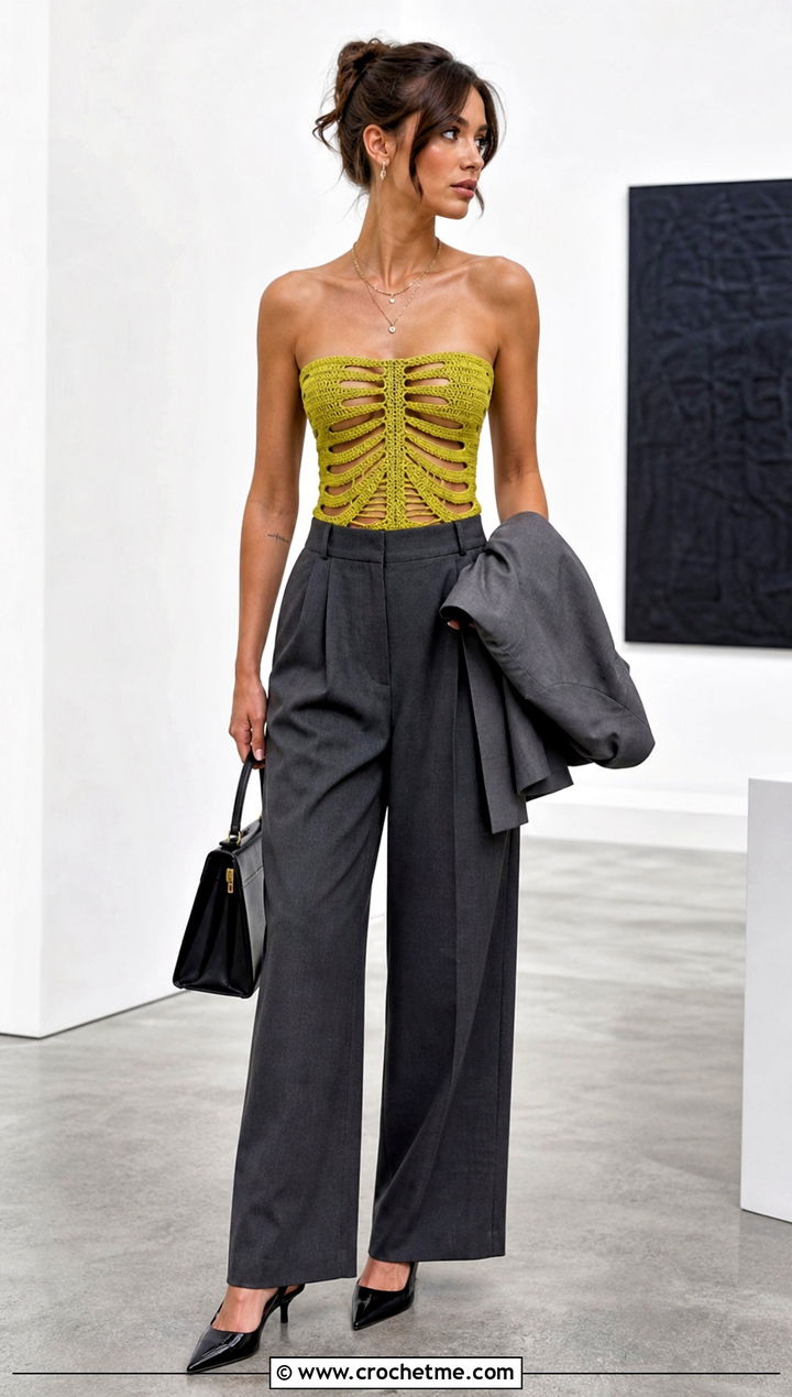 Crochet Skeleton Corset Top With Wide Leg Trousers - 35 crochet skeleton top outfit ideas