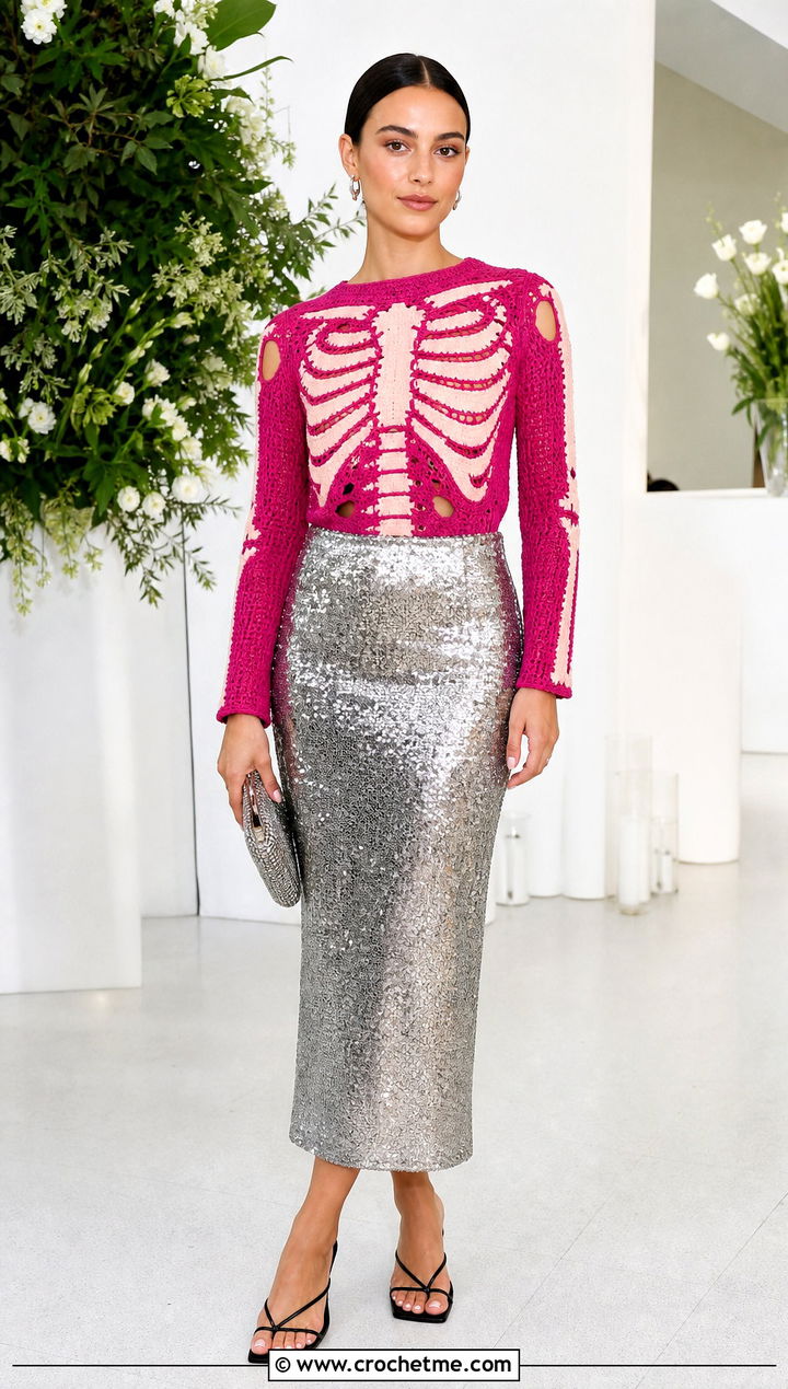 Crochet Skeleton Cutout Top With A Sequin Midi Skirt - 35 crochet skeleton top outfit ideas