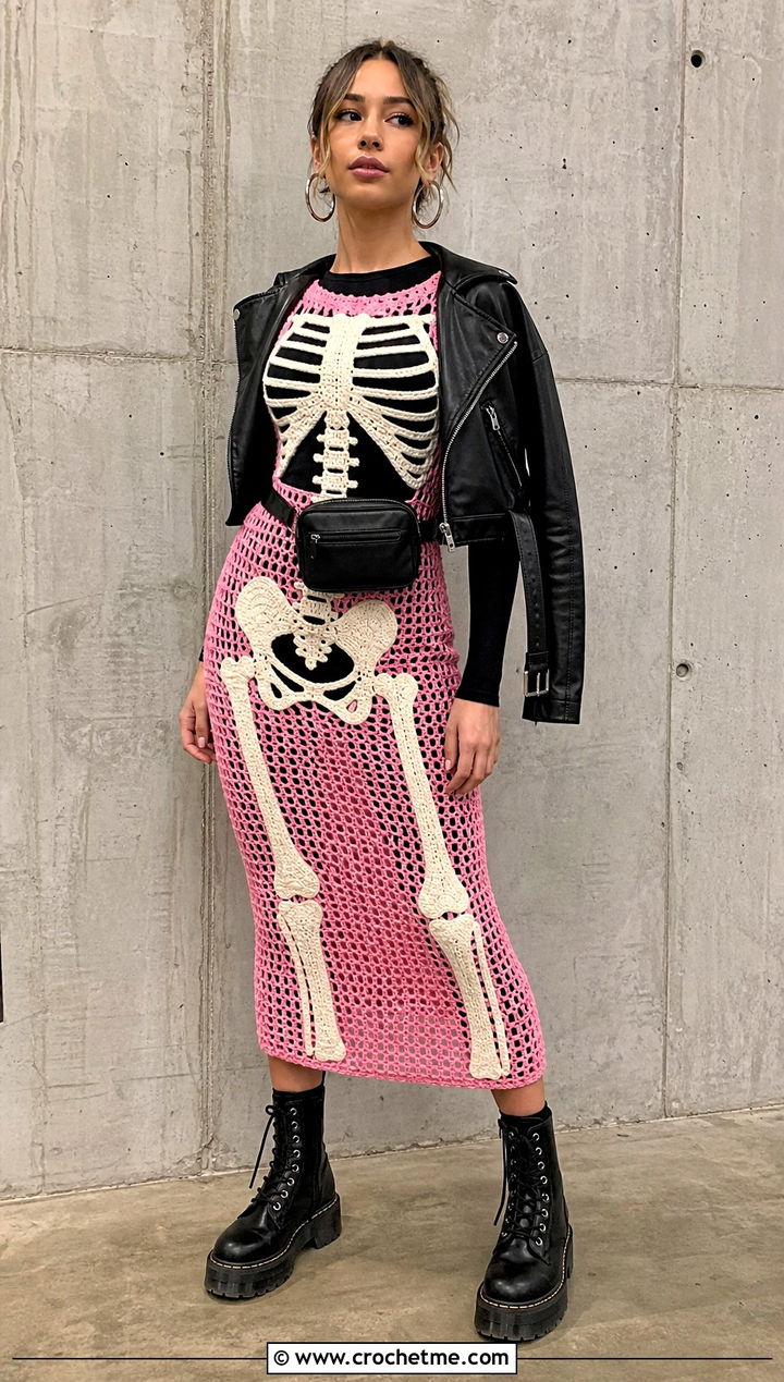 Crochet Skeleton Dress With Combat Boots - 35 Crochet Halloween Costume Women outfit ideas
