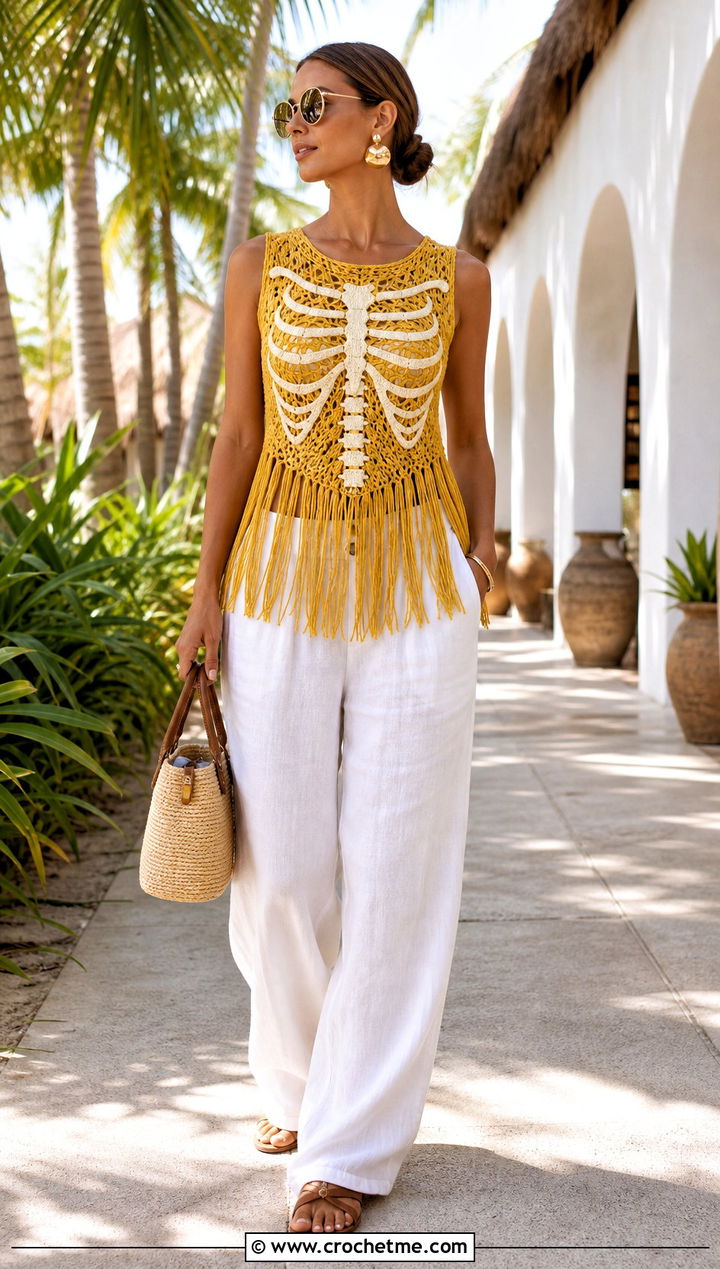 Crochet Skeleton Fringe Top With Linen Pants - 35 crochet skeleton top outfit ideas