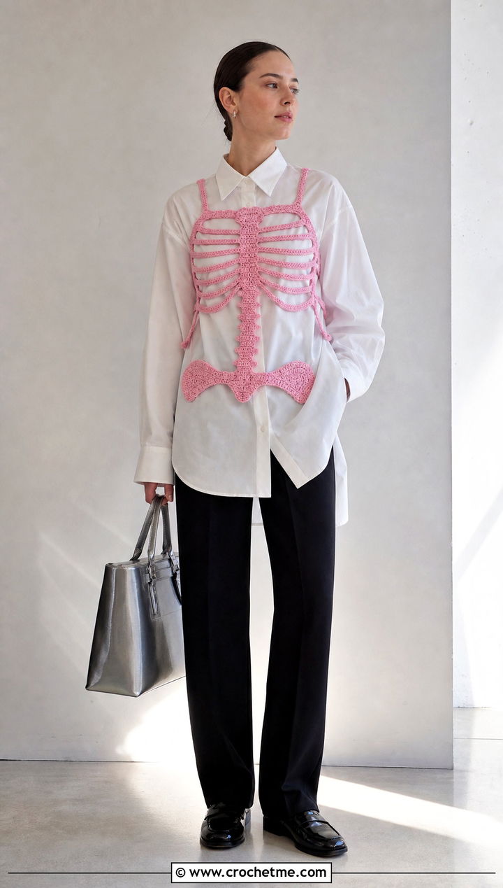 Crochet Skeleton Harness Top Over A White Shirt - 35 crochet skeleton top outfit ideas