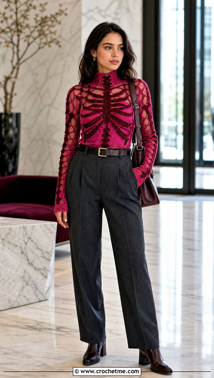 Crochet Skeleton Mock Neck Top With Wool Trousers - 35 crochet skeleton top outfit ideas