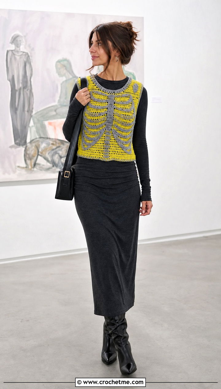 Crochet Skeleton Sweater Vest Top Over A Maxi Dress - 35 crochet skeleton top outfit ideas