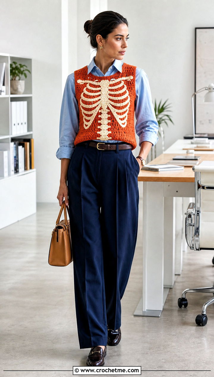 Crochet Skeleton Vest Top With Pleated Trousers - 35 crochet skeleton top outfit ideas