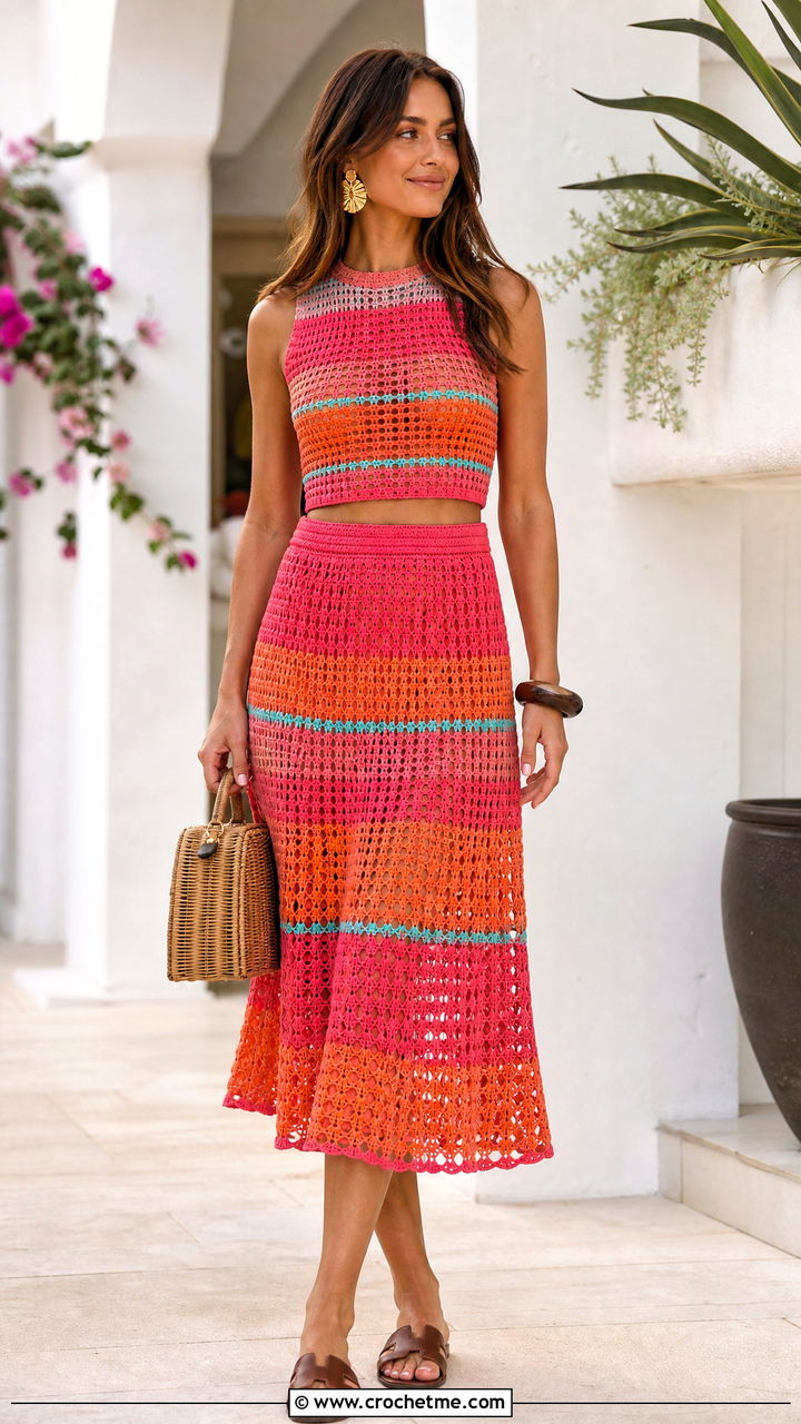 Crochet Skirt Set With Leather Slides - 35 summer crochet clothes and outfit ideas
