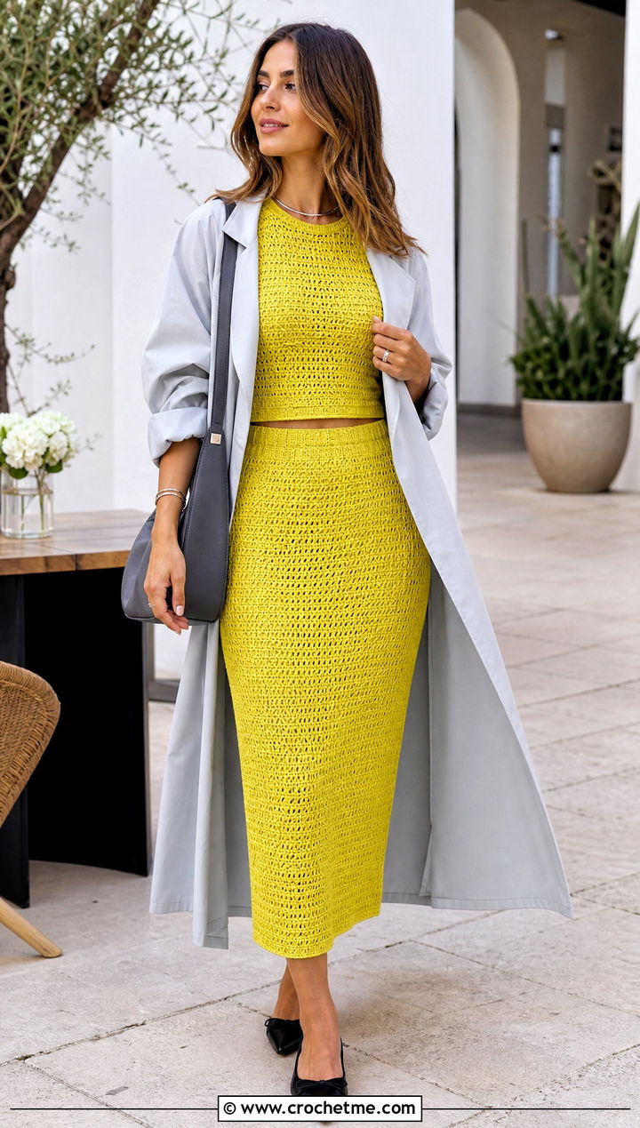 Crochet Skirt Set With Lightweight Trench Coat - 30 Spring Crochet Clothes Ideas