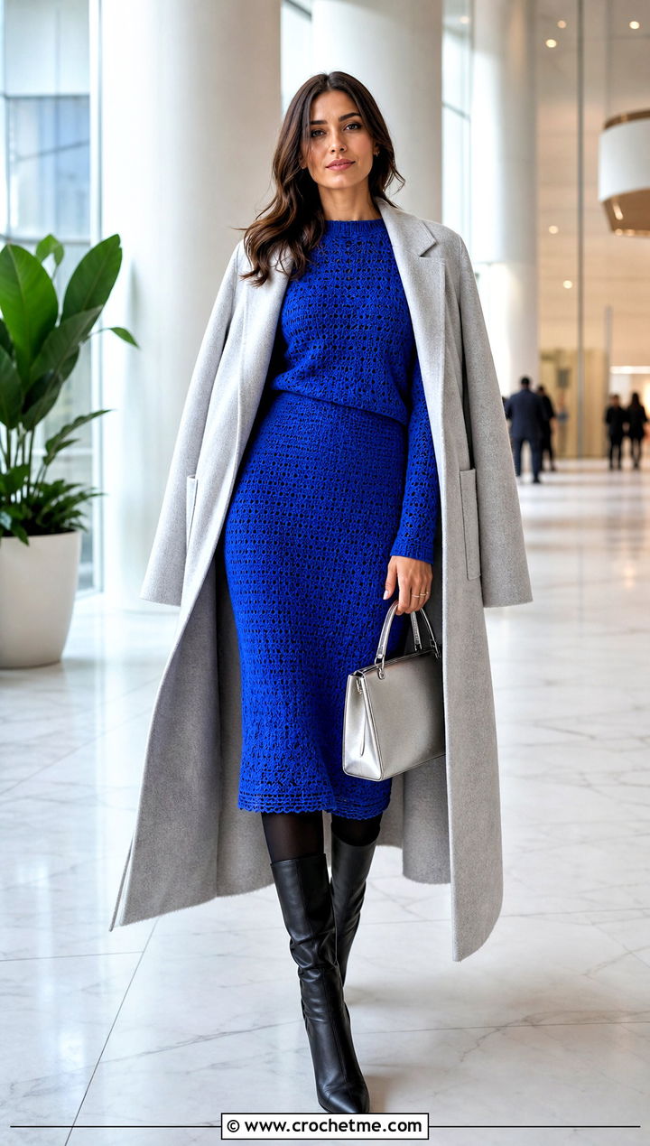 Crochet Skirt Set With Long Wool Coat - 25 winter crochet outfit ideas