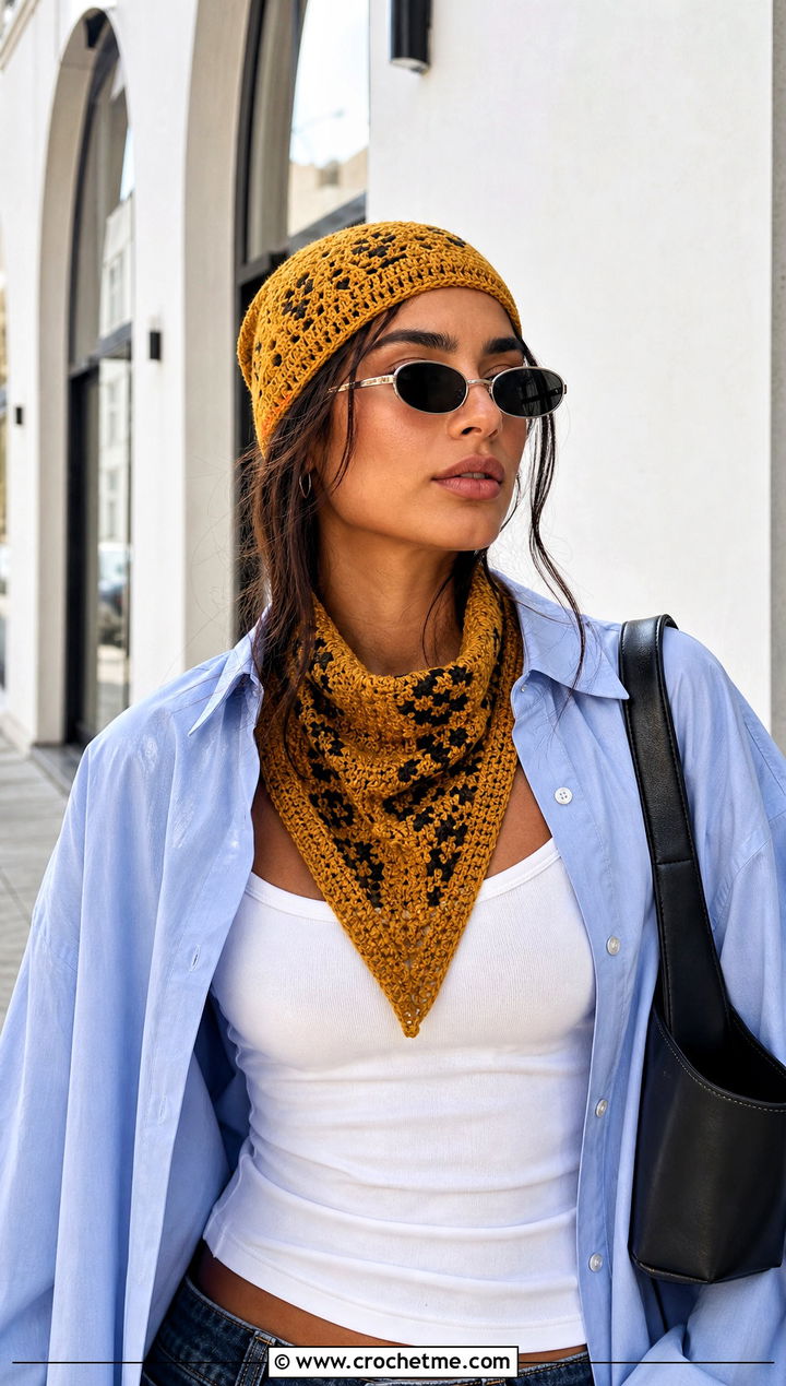 Crochet Skull Cap And Bandana Scarf With Oversized Shirt - 25 crochet scarf hat combo outfit ideas