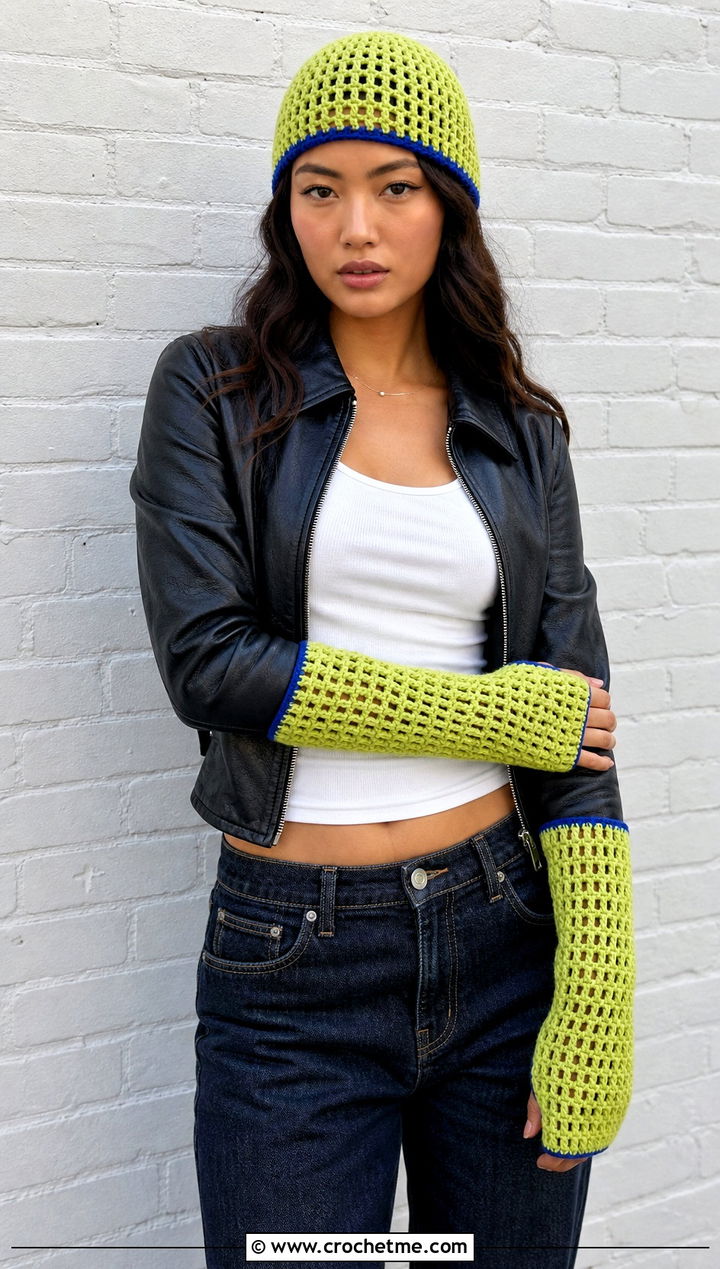 Crochet Skull Cap And Color Block Arm Warmers With Leather Jacket - 15 Crochet Hat With Hand Warmer outfit ideas