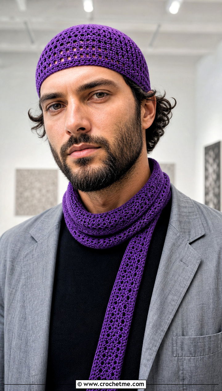 Crochet Skull Cap And Narrow Scarf With Relaxed Suit - 15 Mens Crochet Hat And Scarf outfit ideas