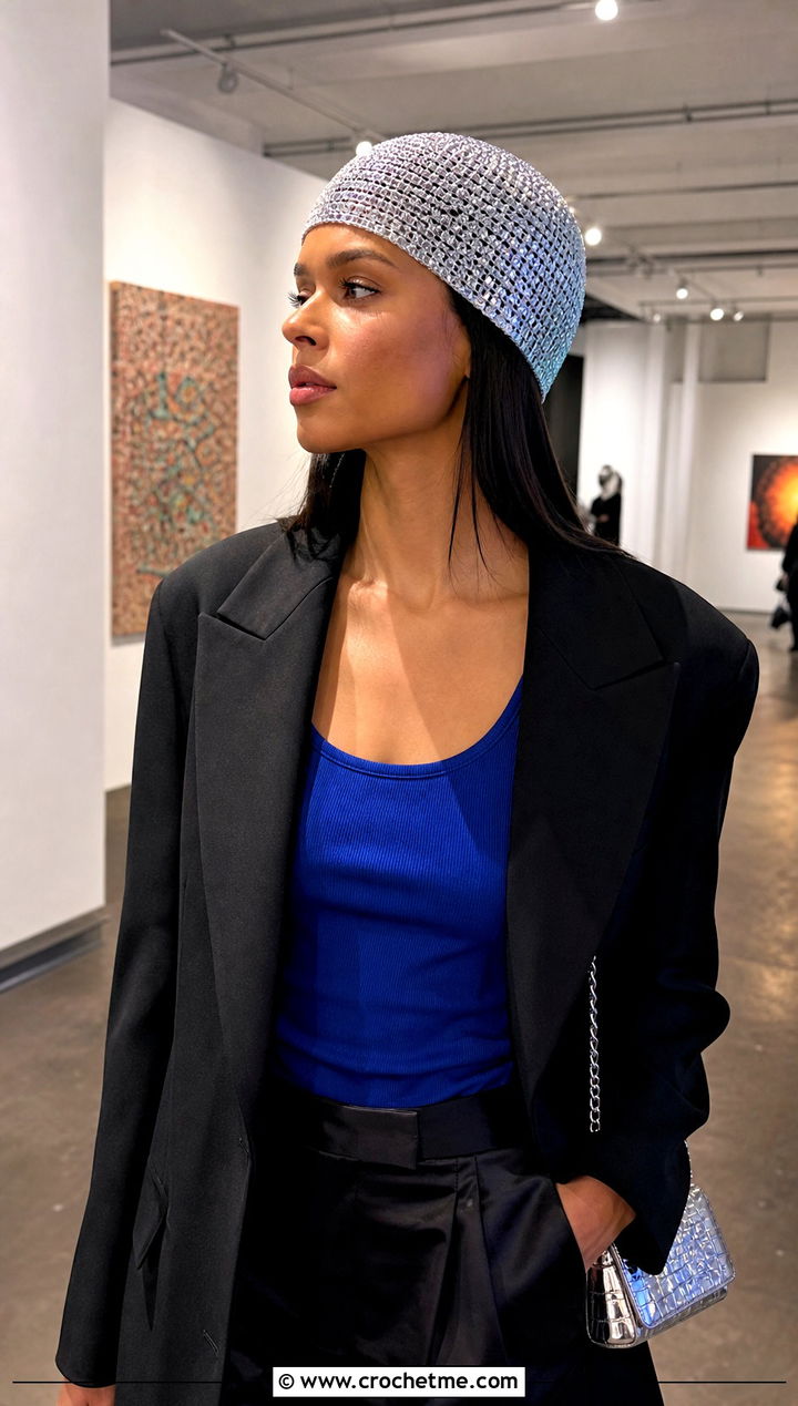 Crochet Skull Cap With Blazer And Satin Trousers - 30 Quick And Easy Crochet Hat outfit ideas