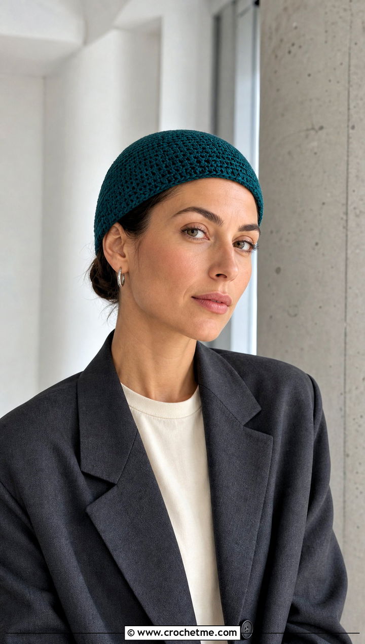 Crochet Skull Cap With Blazer And Trousers - 15 Fun Crochet Hats For Adults outfit ideas