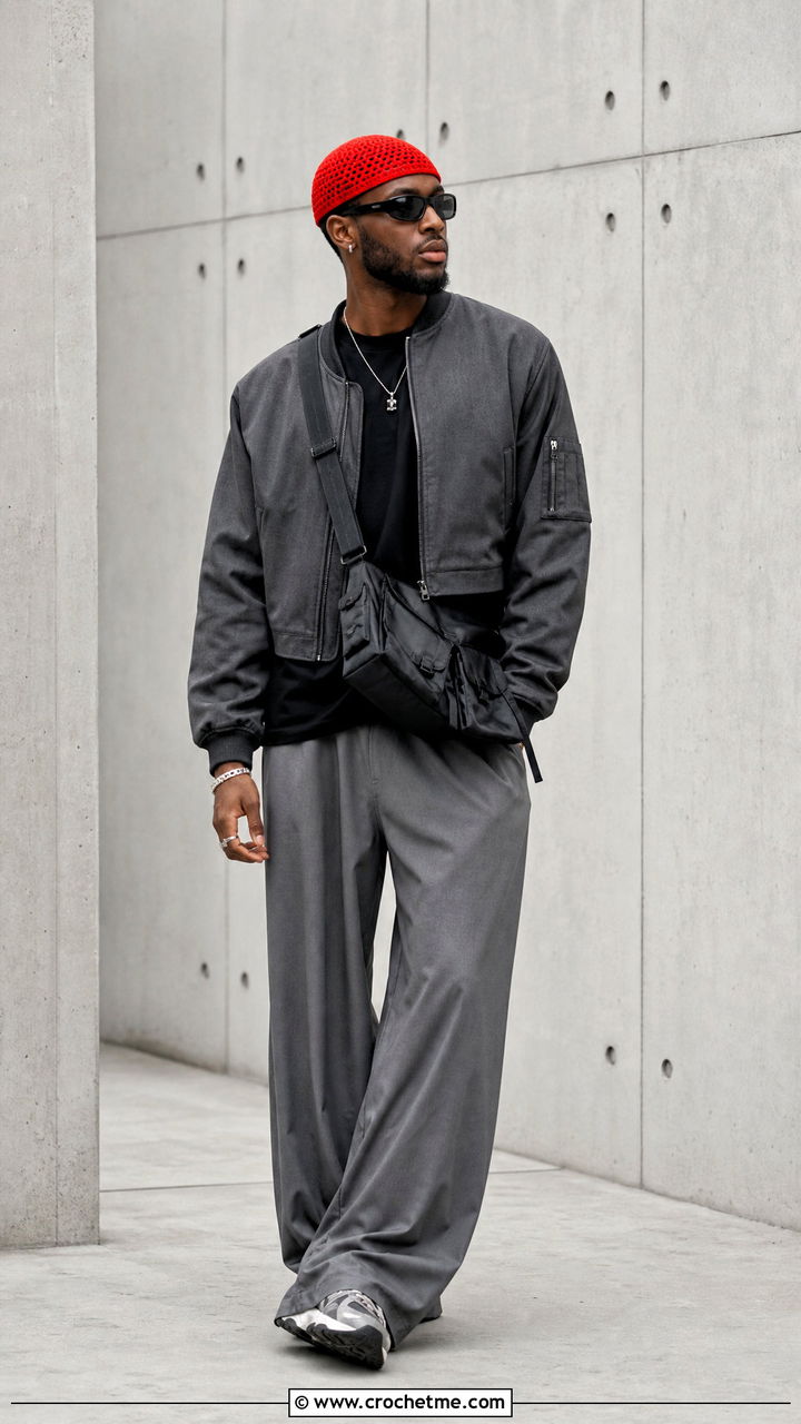 Crochet Skull Cap With Bomber Jacket And Wide Leg Pants - 35 crochet hat men outfit ideas