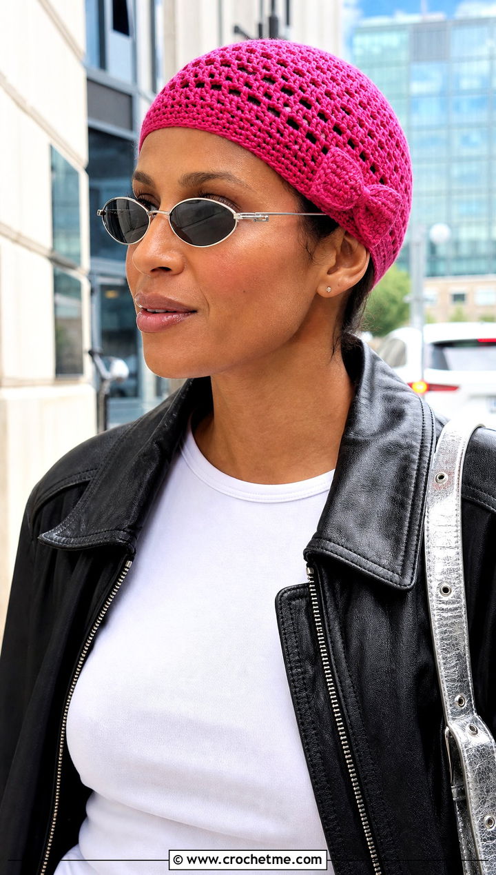 Crochet Skull Cap With Bow And Leather Jacket - 20 Crochet Hat With Bow outfit ideas