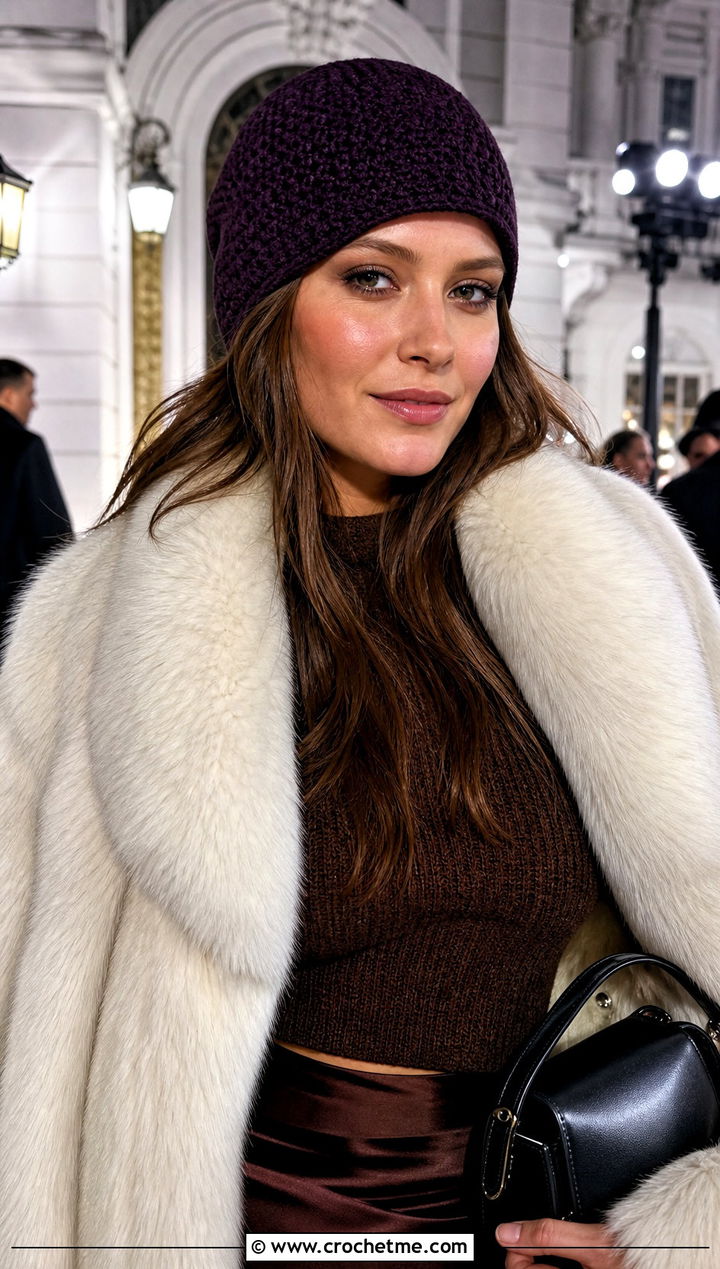 Crochet Skull Cap With Faux Fur Coat And Slip Skirt - 25 winter crochet hat for women outfit ideas