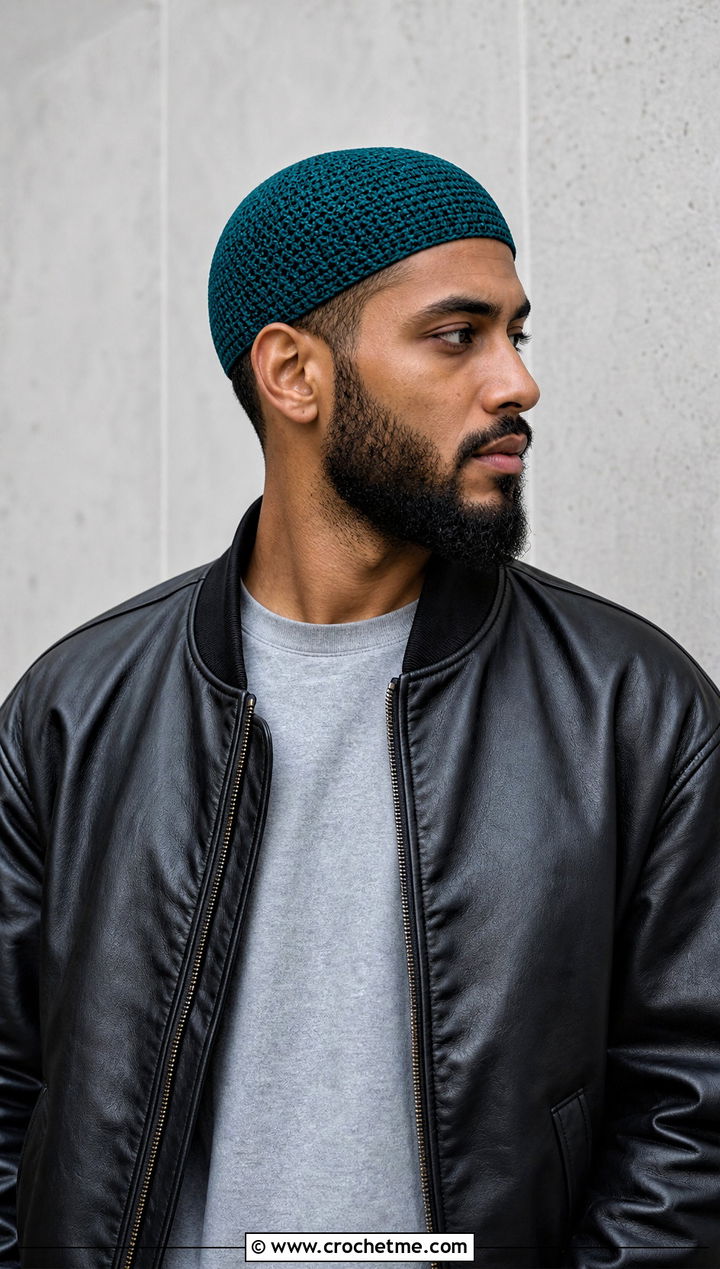 Crochet Skull Cap With Leather Bomber Jacket - 30 men crochet hat outfit ideas