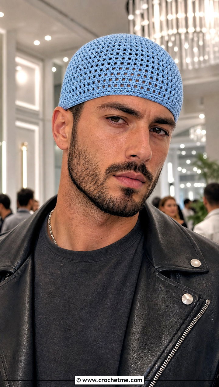 Crochet Skull Cap With Leather Jacket And Black Jeans - 30 men's crochet hats outfit ideas