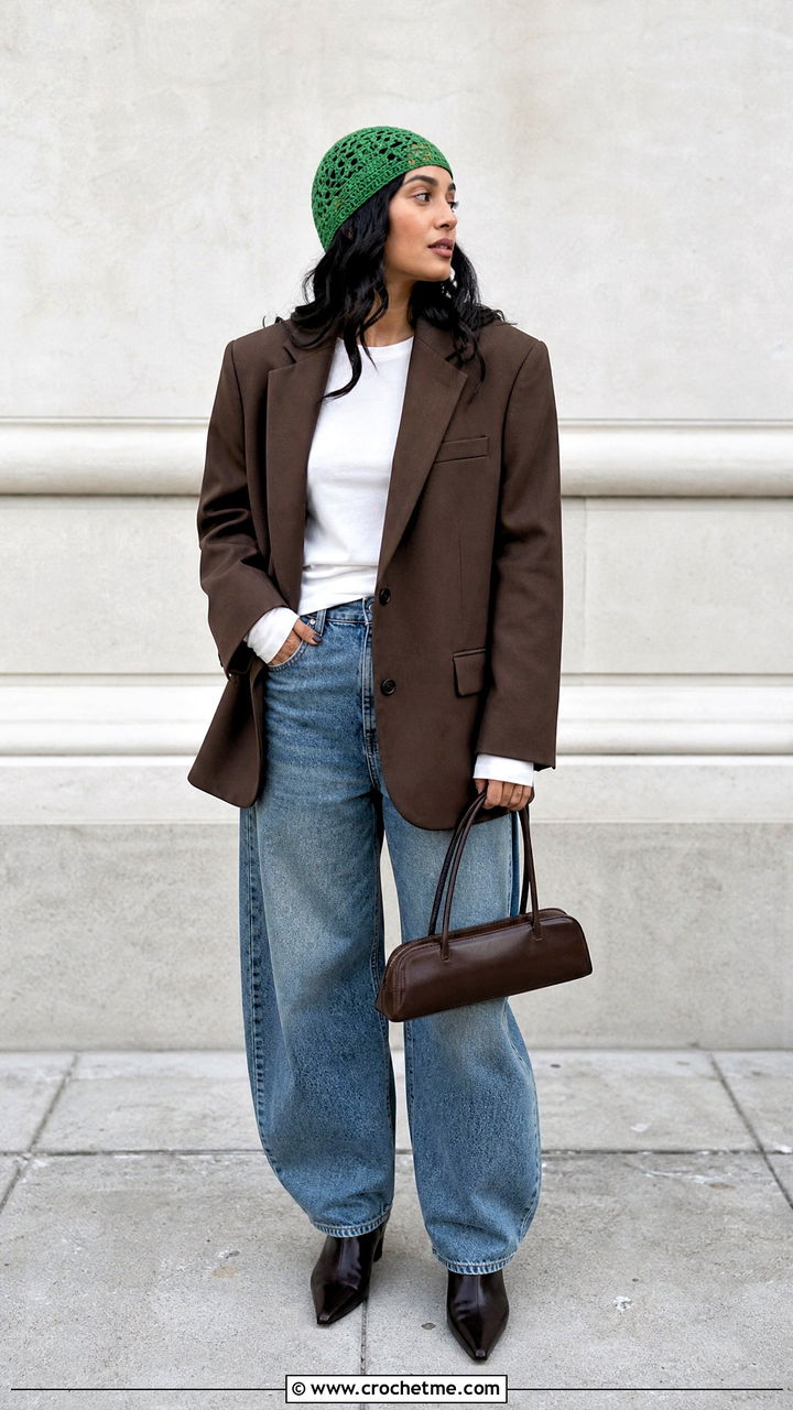 Crochet Skull Cap With Oversized Blazer And Barrel Jeans - 35 crochet winter hat outfit ideas