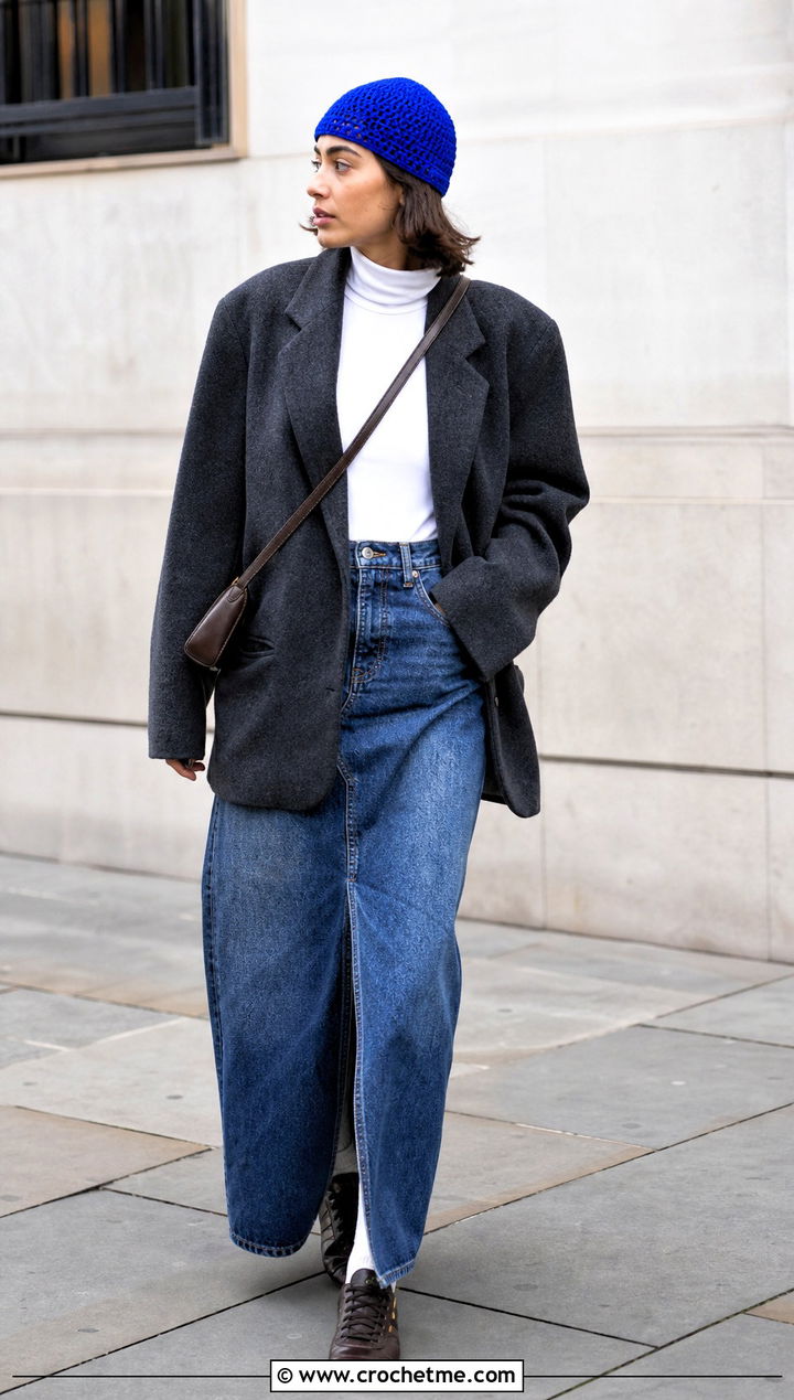 Crochet Skull Cap With Oversized Blazer And Denim Maxi Skirt - 30 easy crochet winter hat outfit ideas