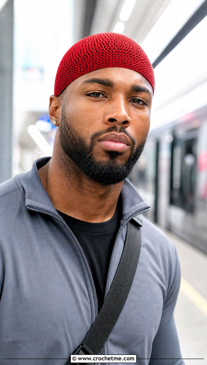 Crochet Skull Cap With Track Jacket - 15 Easy Crochet Mens Hat outfit ideas