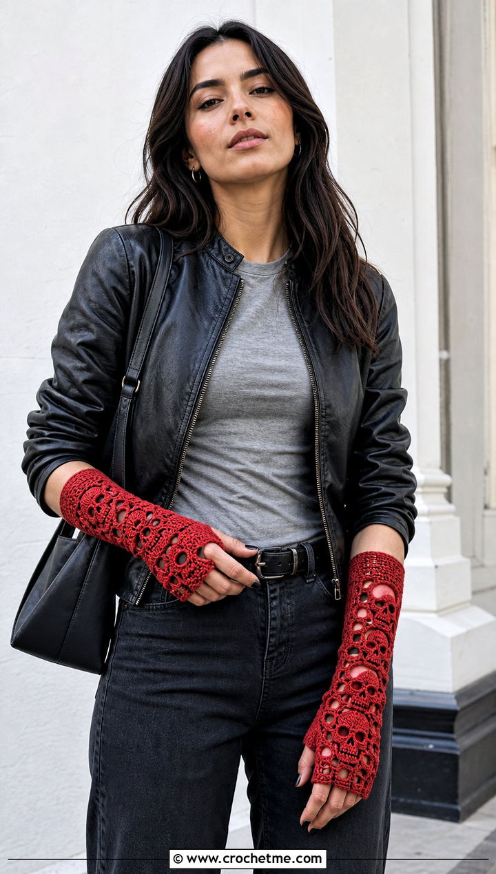Crochet Skull Gauntlet Gloves With Leather Jacket - 15 Crochet Skull Gloves outfit ideas