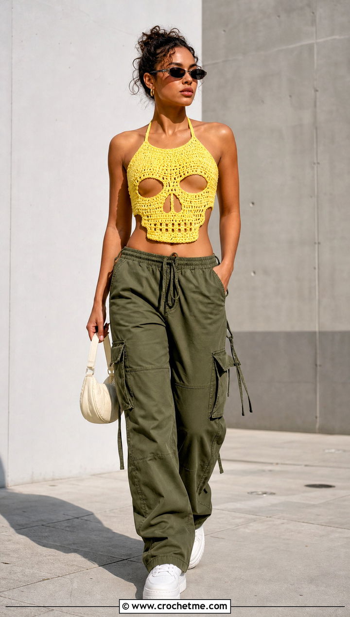 Crochet Skull Halter Top With Cargo Pants - 35 crochet skeleton top outfit ideas