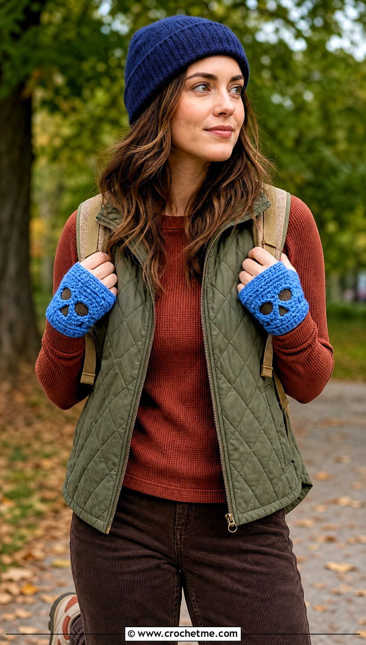 Crochet Skull Hand Warmers With Quilted Vest - 15 Crochet Skull Gloves outfit ideas