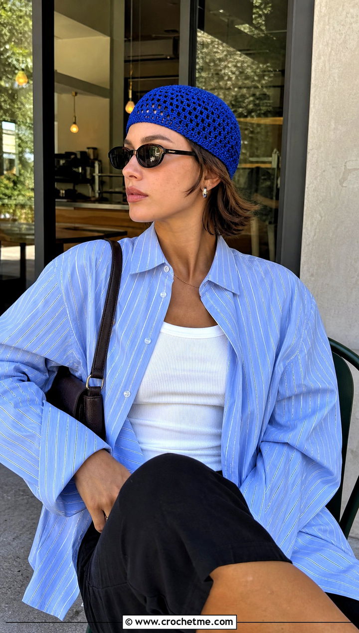 Crochet Skullcap Beanie With Button Down And Capri Pants - 25 easy crochet beanies outfit ideas