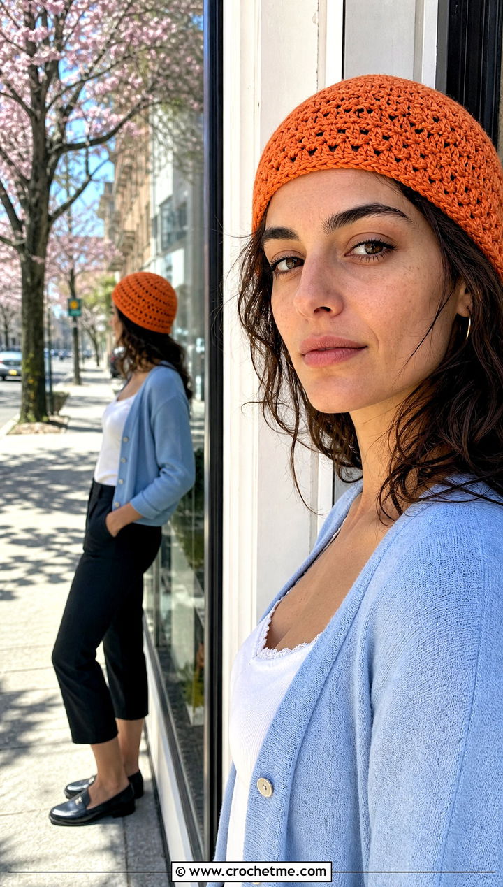 Crochet Skullcap Beanie With Cardigan And Capri Pants - 25 beginner crochet beanie outfit ideas