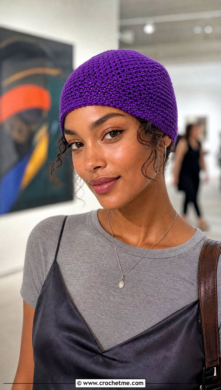 Crochet Skullcap Beanie With Satin Slip Dress And Boots - 20 Boho Crochet Beanie outfit ideas