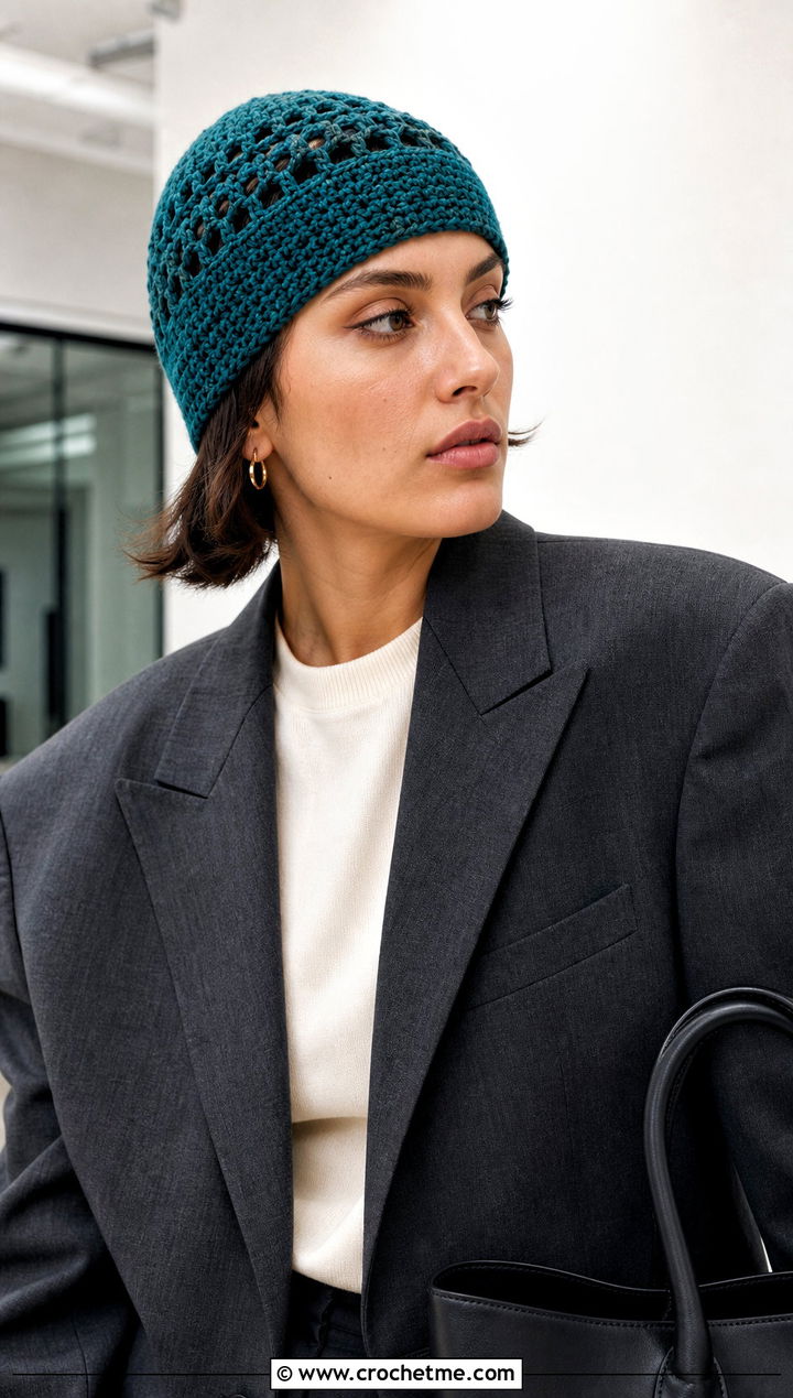 Crochet Skullcap Beanie With Tailored Blazer - 15 Lightweight Crochet Beanie outfit ideas