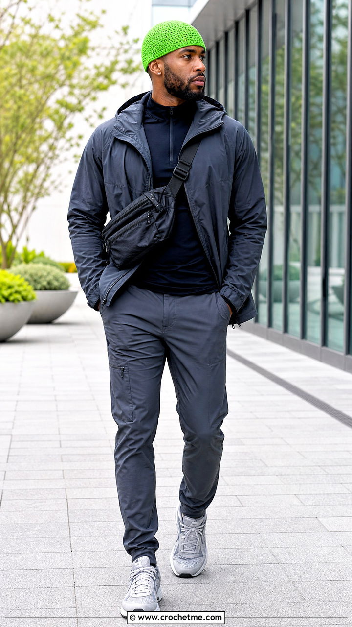 Crochet Skullcap Beanie With Technical Jacket - 35 men's crochet hat outfit ideas