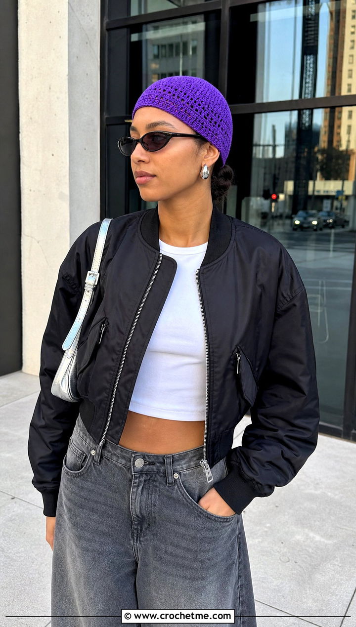 Crochet Skullcap With Bomber Jacket - 25 fast crochet hat outfit ideas