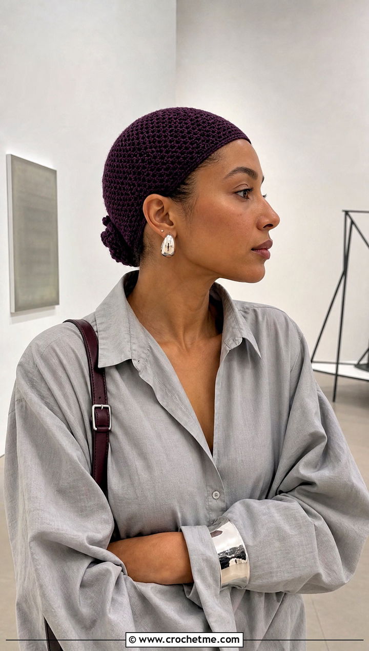 Crochet Skullcap With Minimalist Outfit - 25 Cute Crochet Hats outfit ideas