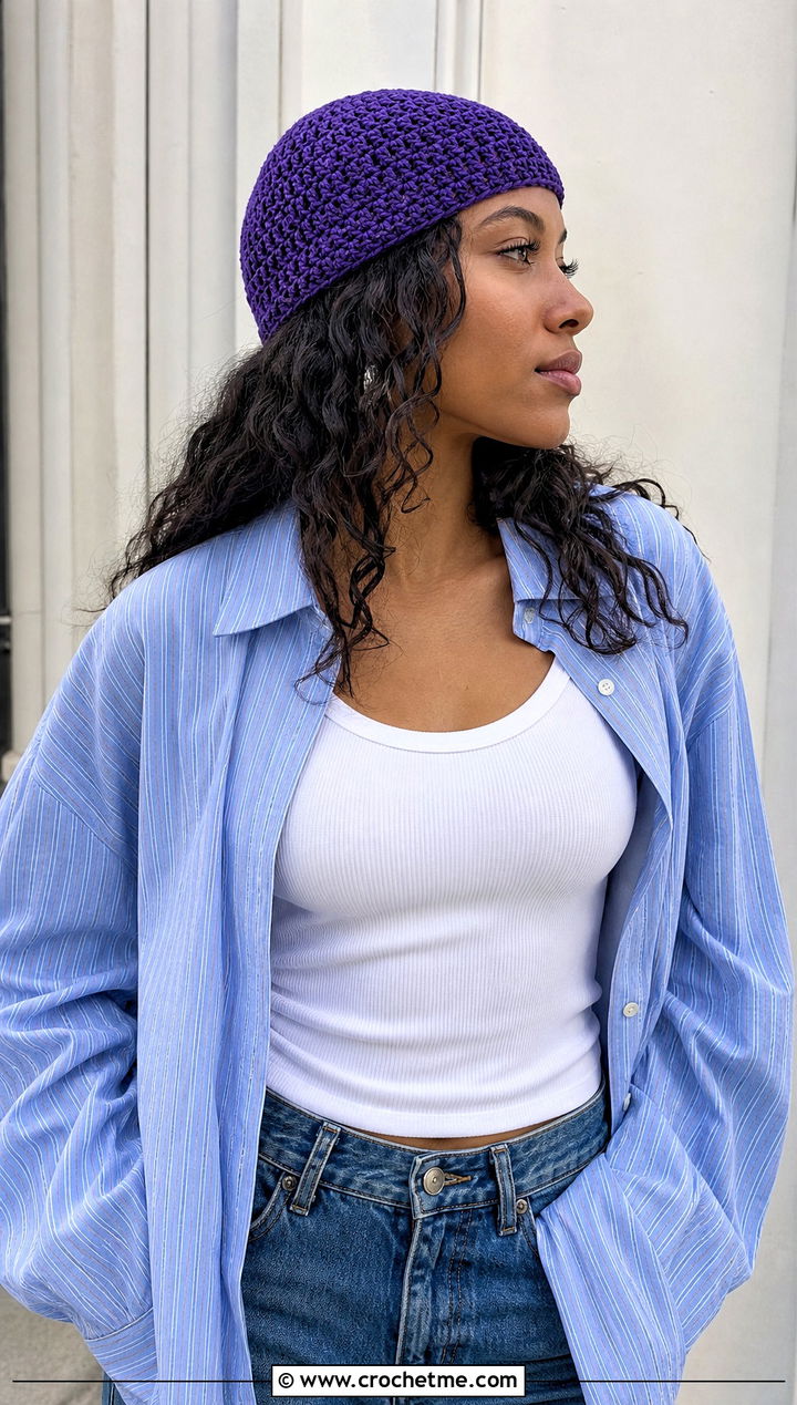 Crochet Skullcap With Oversized Shirt - 35 one piece crochet hat outfit ideas