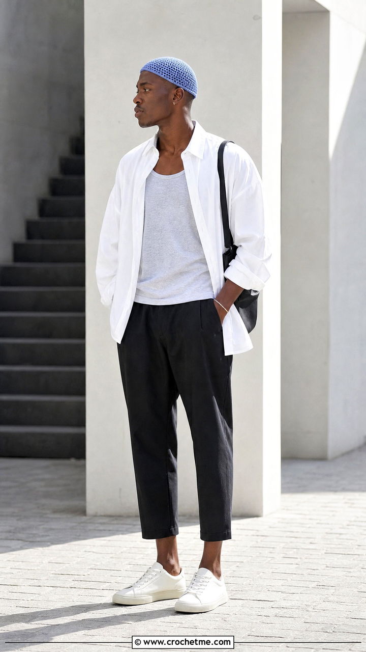Crochet Skullcap With Oversized Shirt And Cropped Trousers - 35 crochet hat for men outfit ideas