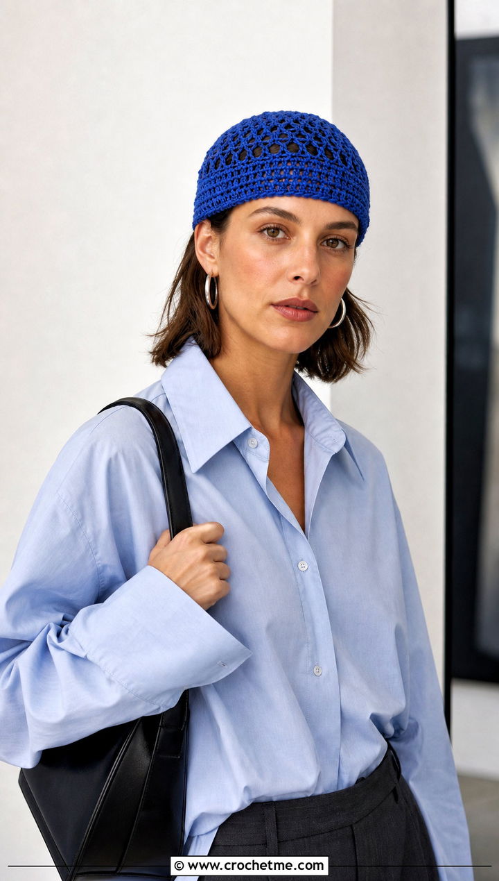 Crochet Skullcap With Tailored Trousers - 20 Kawaii Crochet Hat outfit ideas