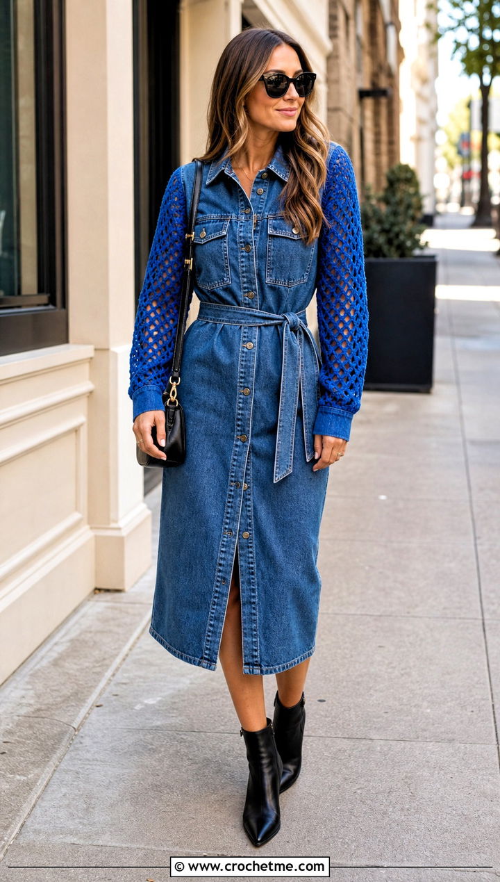Crochet Sleeve Denim Shirt Dress With Ankle Boots - 25 fabric and crochet dress outfit ideas