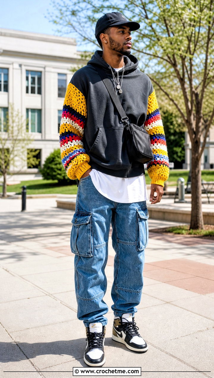 Crochet Sleeve Hoodie With Cargo Jeans - 30 Crochet Hoodies For Men outfit ideas