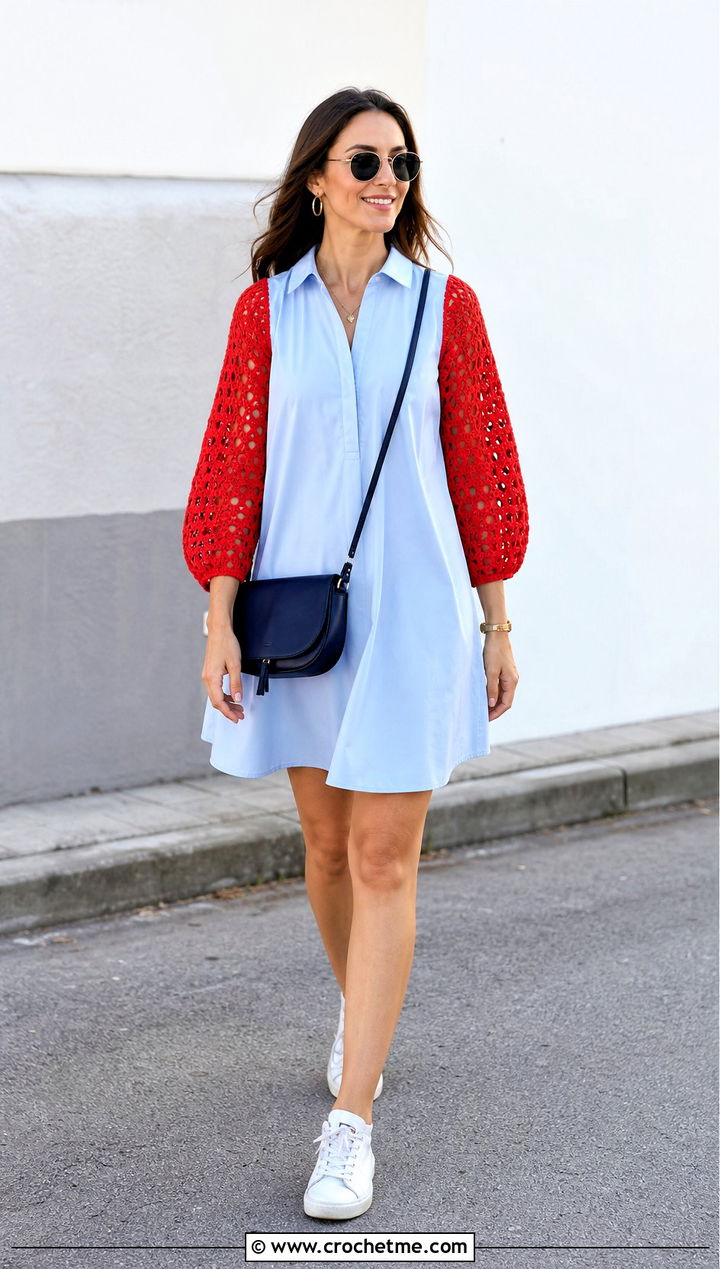Crochet Sleeve Poplin Dress With White Sneakers - 25 crochet and fabric dress outfit ideas
