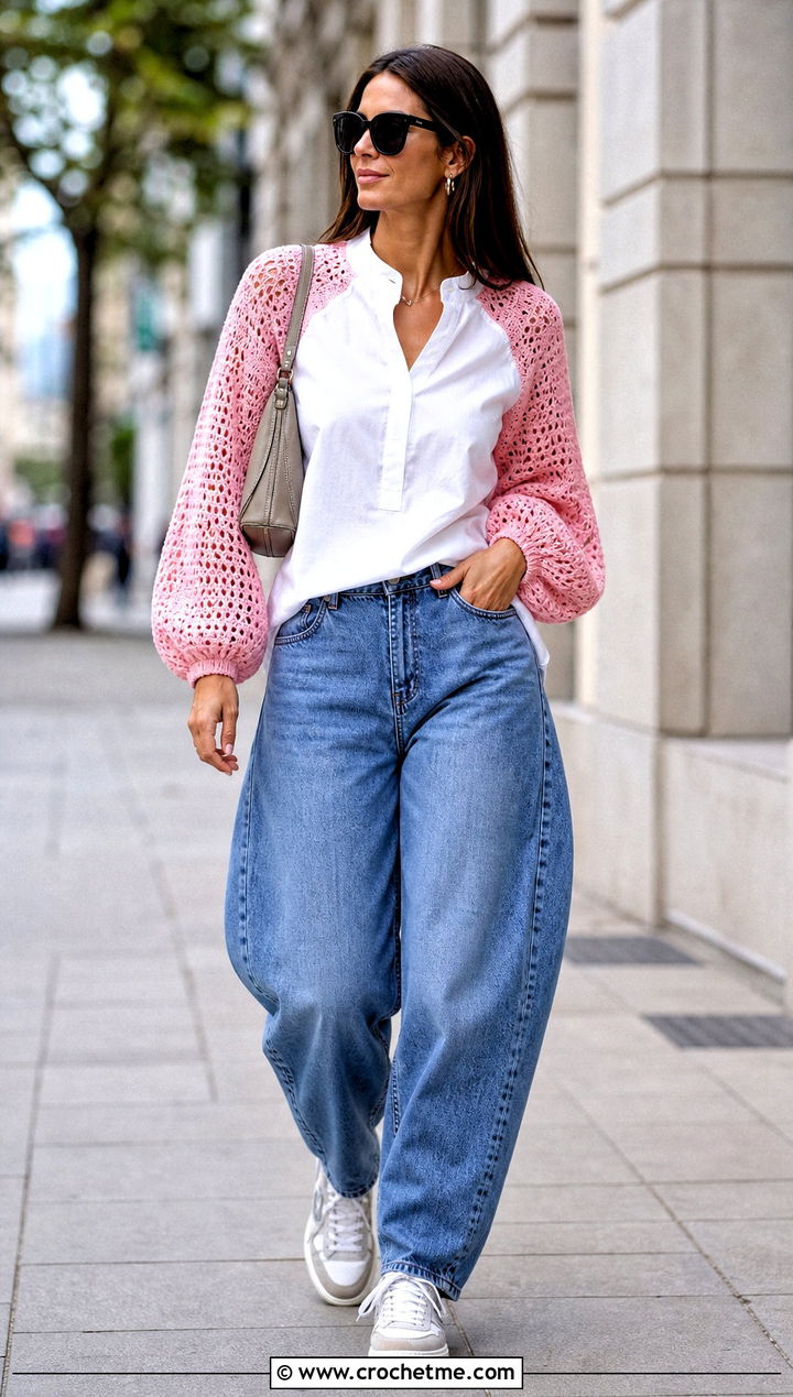 Crochet Sleeve Poplin Top With Barrel Jeans - 30 crochet and fabric top outfit ideas