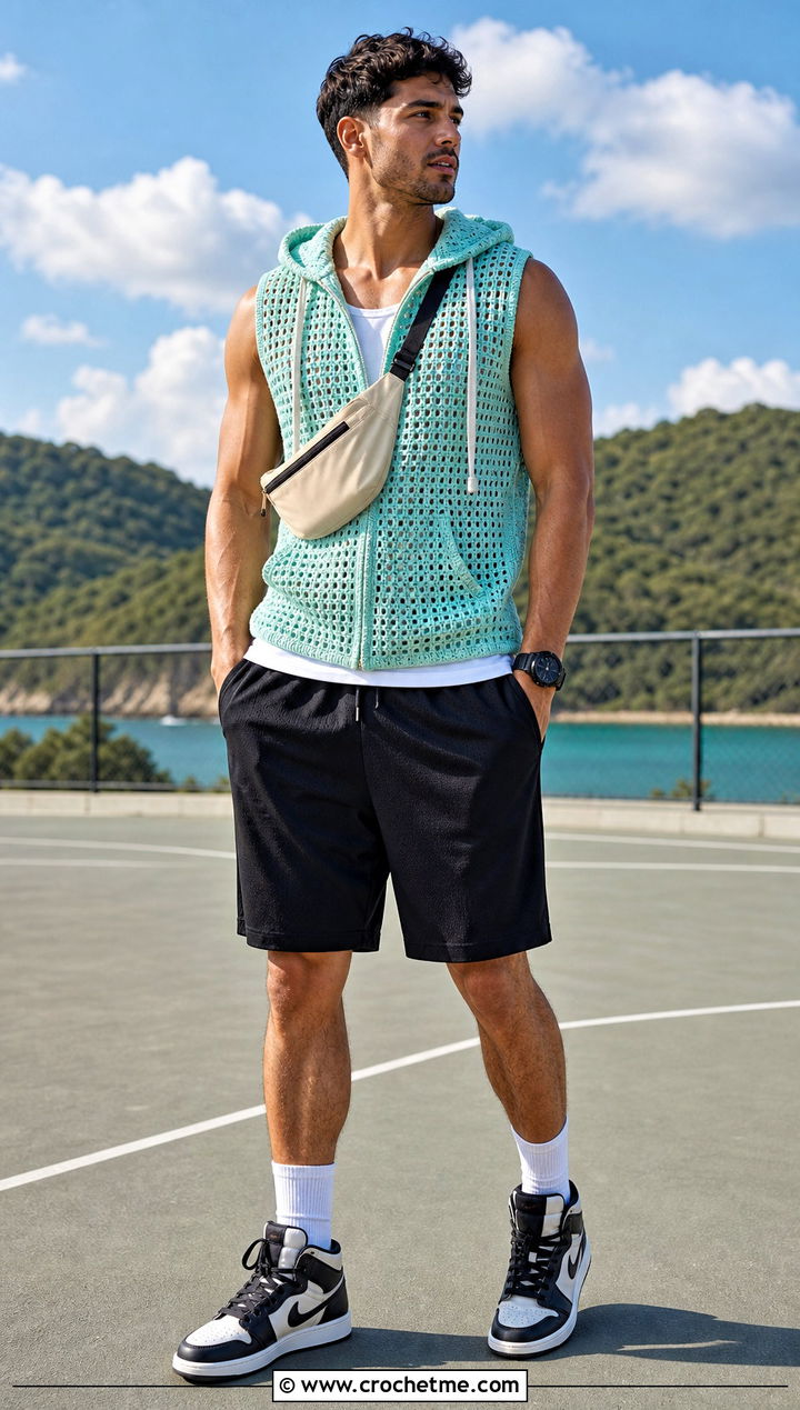 Crochet Sleeveless Hoodie With Basketball Shorts - 35 crochet mens clothes and outfit ideas