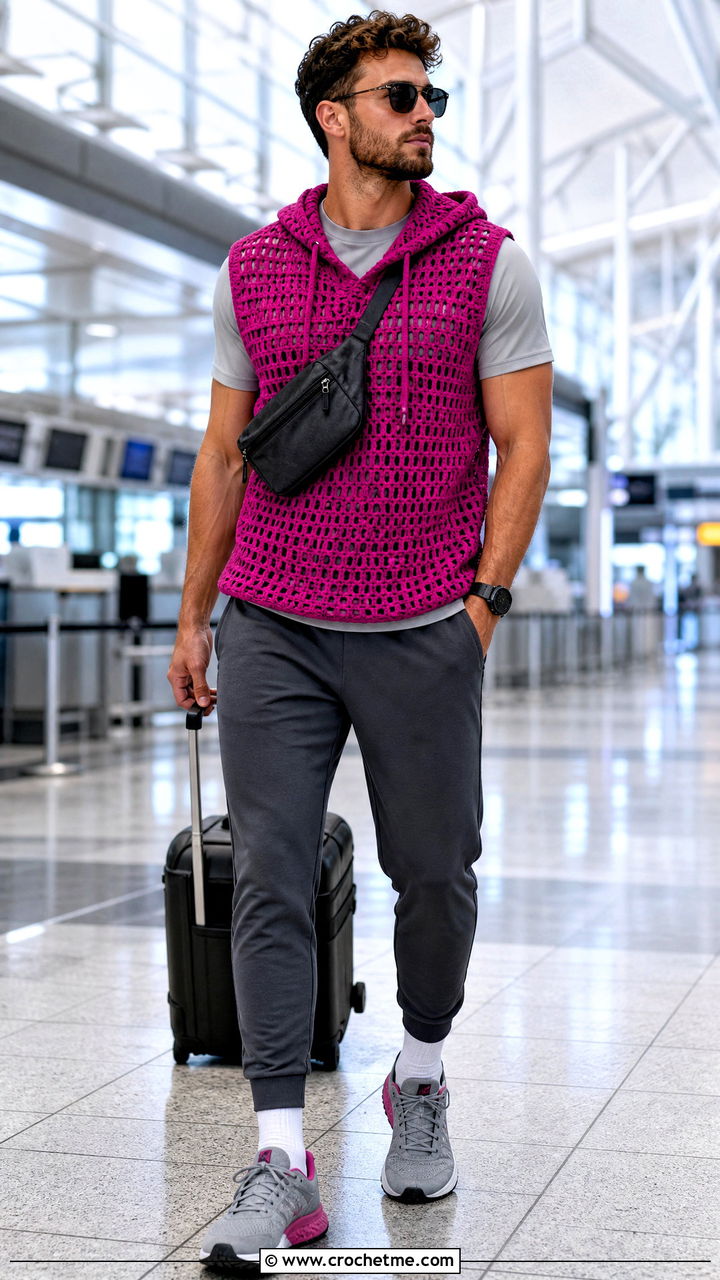 Crochet Sleeveless Hoodie With Joggers - 35 crochet top men outfit ideas