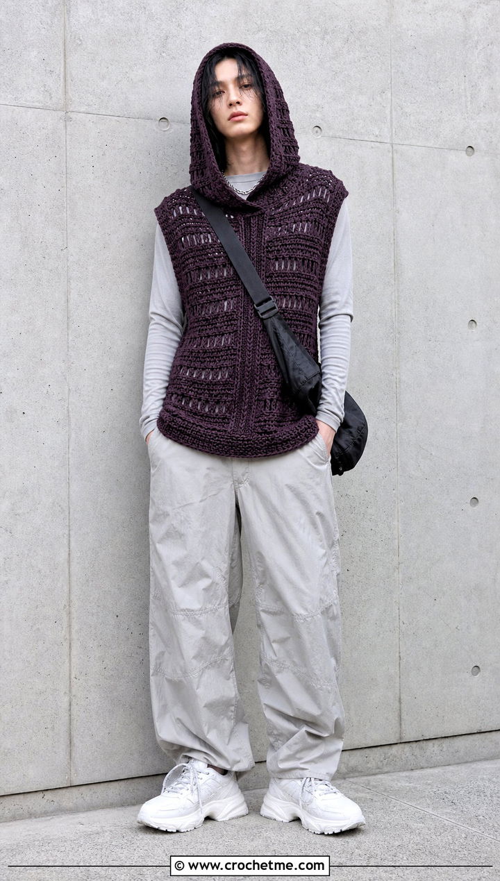 Crochet Sleeveless Hoodie With Parachute Pants - 30 Masc Crochet Clothes and outfit ideas