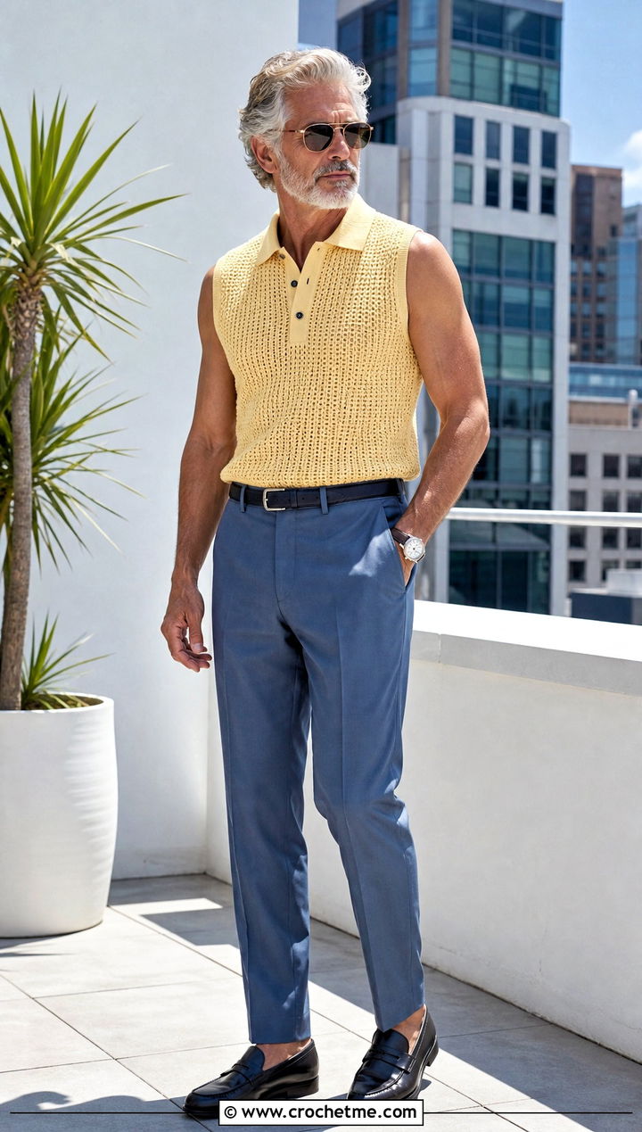Crochet Sleeveless Polo With Suit Trousers - 30 Mens Crochet Outfit ideas