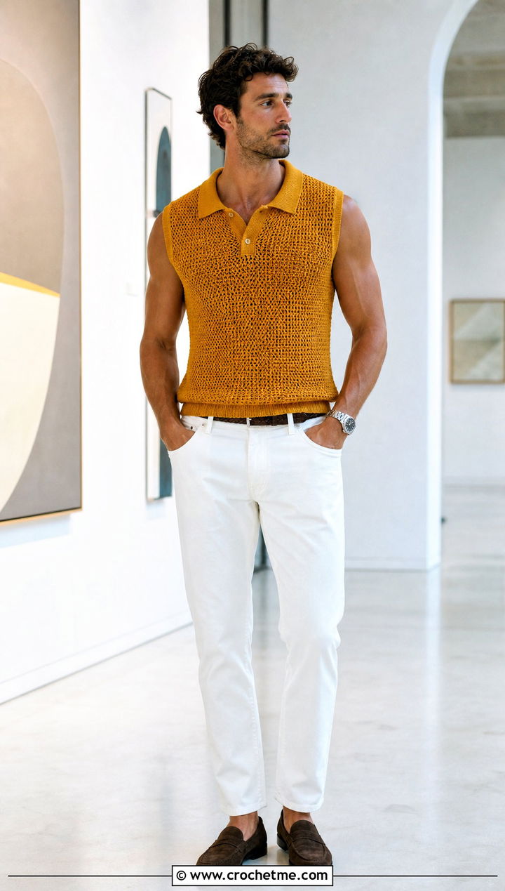 Crochet Sleeveless Polo With White Jeans - 25 Crochet Men Clothing and outfit ideas