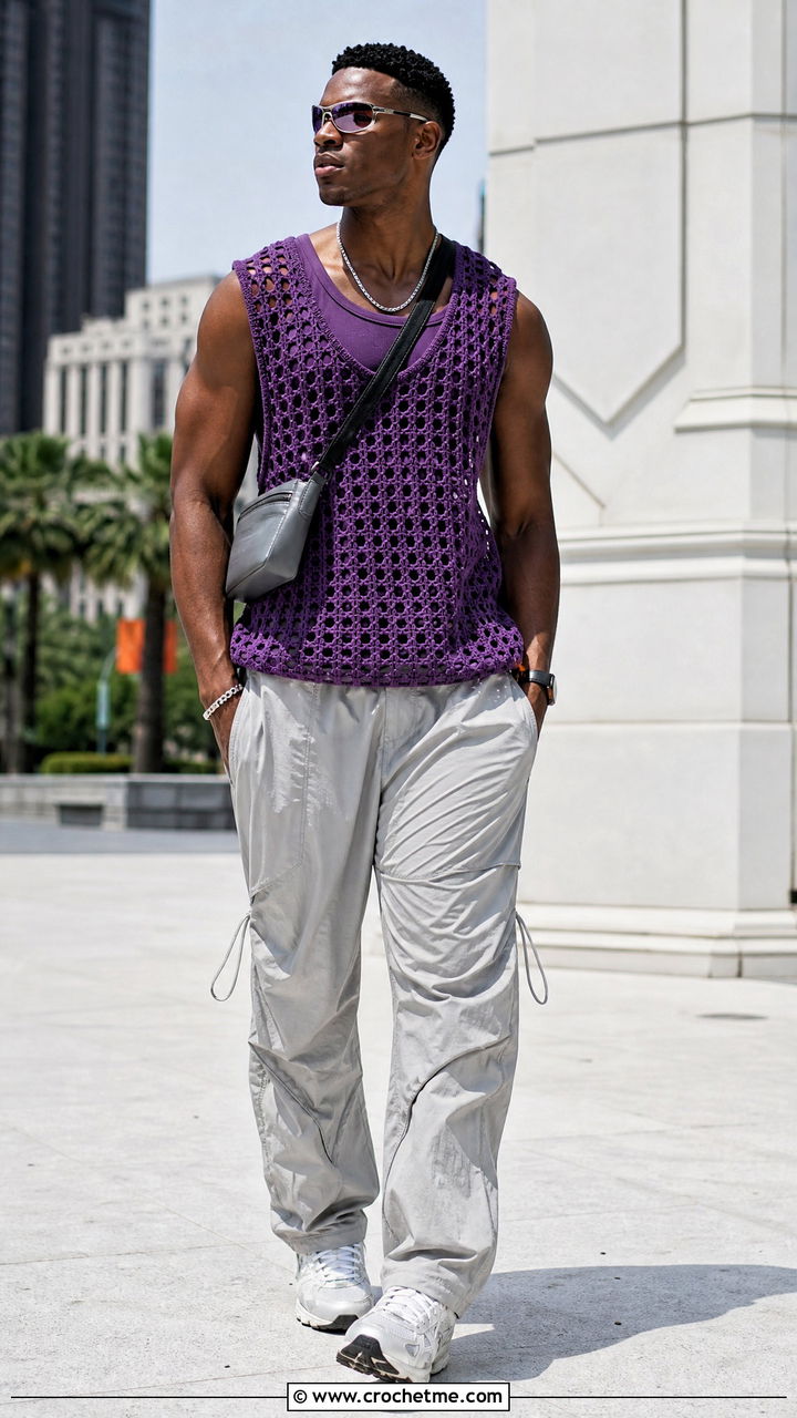 Crochet Sleeveless Shirt With Parachute Pants - 35 crochet mens shirt outfit ideas